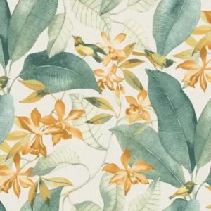 Nature forest wallpaper with tropical leaves and birds.