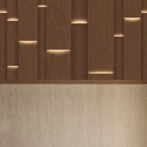 Luxury modern wood and beige textured wallpaper for office.