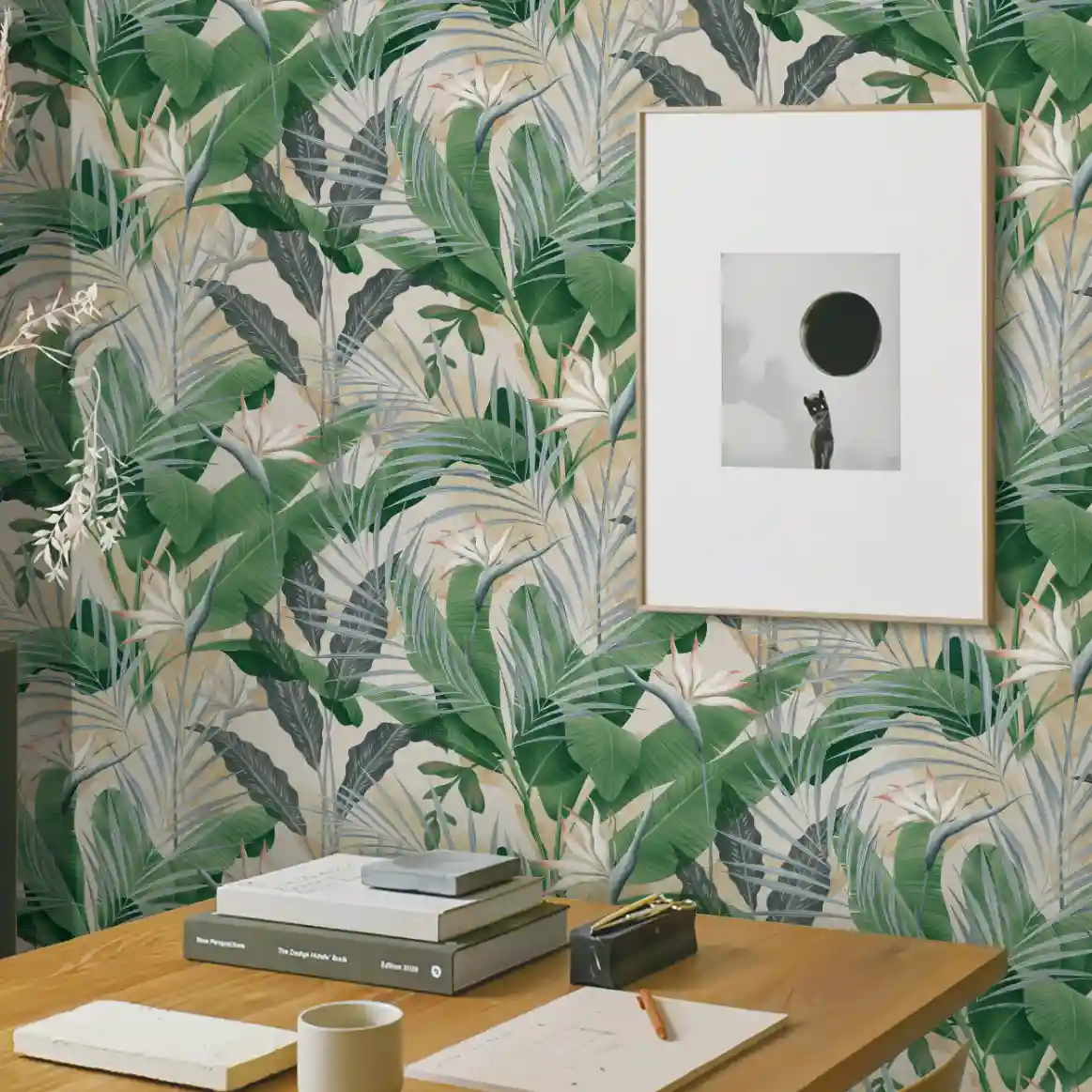 Green jungle nature wallpaper for modern living room.
