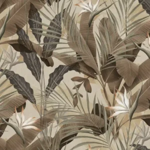 Beige nature modern floral wallpaper, tropical leaves, luxury living room aesthetic.