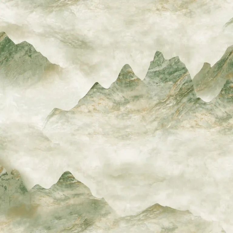 Abstract nature aesthetic wallpaper with misty green mountains.