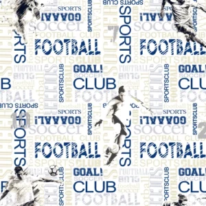 Kids blue football pattern wallpaper for modern nursery or bedroom.