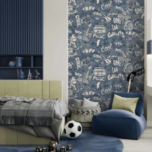 Blue kids room wallpaper with modern pattern.