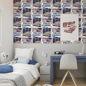 Kids racing car cartoon wallpaper for bedroom.