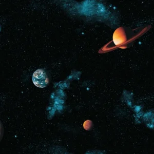 Colorful kids room wallpaper with planets, stars, and nebulae.