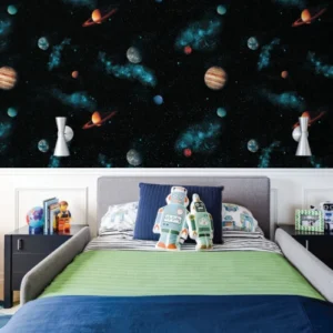 Colorful kids room wallpaper with planets, stars, and nebulae.