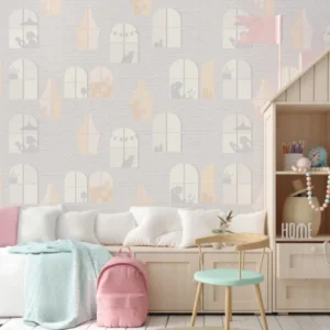 Kids room beige white abstract window pattern wallpaper.