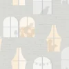 Kids room beige white abstract window pattern wallpaper.
