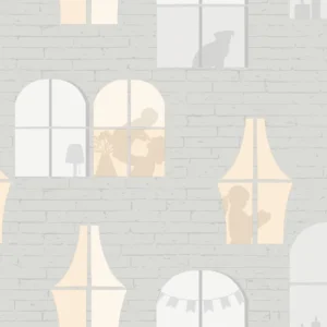 Kids room beige white abstract window pattern wallpaper.