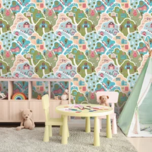 Colorful abstract kids room wallpaper with cartoon houses.