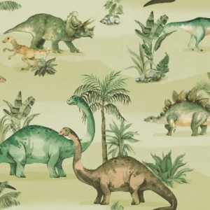 Kids green dinosaur jungle animal nature wallpaper for nursery bedroom.