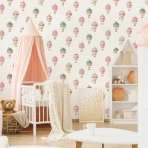 Kids beige and pink hot air balloon nursery wallpaper.