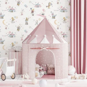 Pink kids' room circus animal pattern wallpaper.