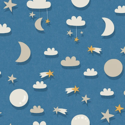Kids blue cartoon nursery wallpaper with moon and stars pattern.