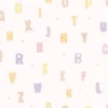 Kids room pink wallpaper with colorful alphabet pattern.