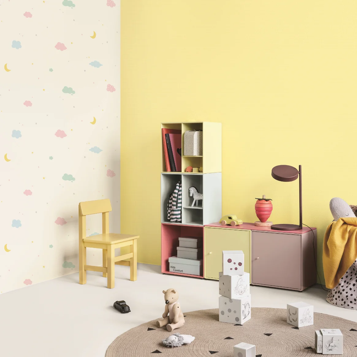 Yellow and beige plain textured wallpaper for kids' bedroom or nursery.