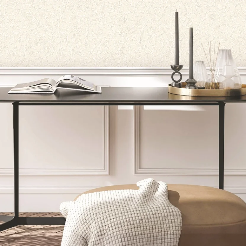 Classic beige pattern wallpaper in a luxury bedroom.